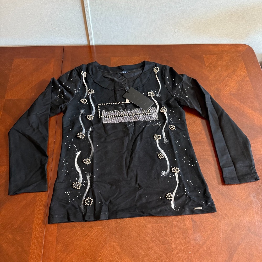 Women's black long-sleeved shirt  medium beaded rhinestone embellishments Olyss‎